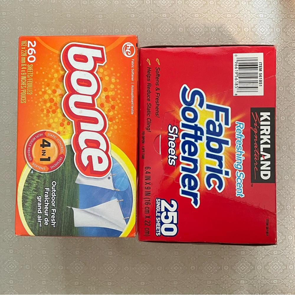 Bounce and Kirkland Fabric Softener Sheets